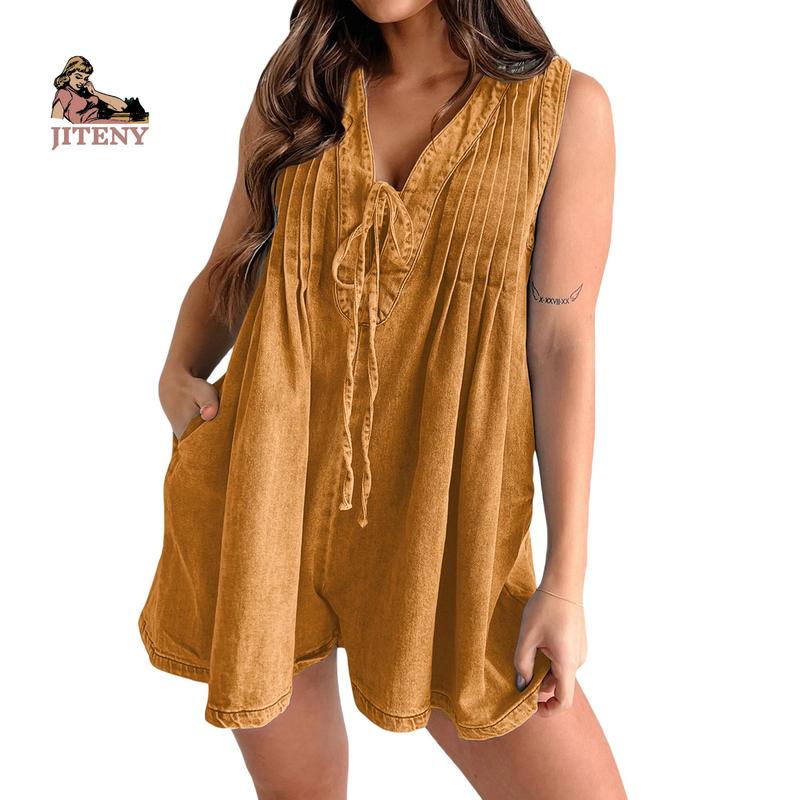 Women's Demin Tank Top Jumpsuit Loose Pleated Tie Front V Neck Sleeveless Shorts Romper with Pockets for Summer Lady Polyester Womenswear Overalls